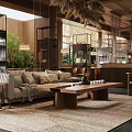 Rustic Restaurant Interior With Wooden Ceiling Hanging Lamps Wicker Chairs And Round Tables