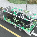 Truck Transporting Black Car In Transparent Display Case With Red Bow And Balloons