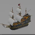 Vintage Sailing Ship Model with White Sails Red Flag and Yellow Blue Hull