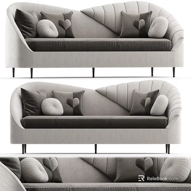 Modern Two Seater Sofa With Curved Design Linen Fabric And Decorative Heart Shaped Round Pillows 3d model 