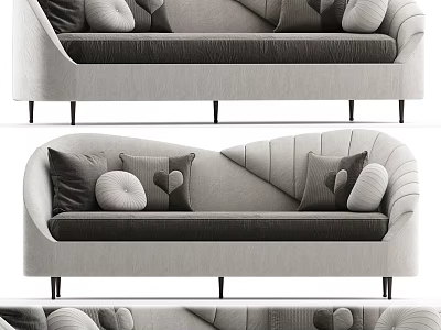 Modern Two Seater Sofa With Curved Design Linen Fabric And Decorative Heart Shaped Round Pillows 3d model