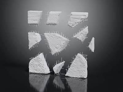 White Broken Concrete Blocks with Metal Brackets Floating on Black Background and Reflections 3d model