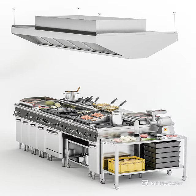 Professional Stainless Steel Kitchen Appliances With Range Hood Cooking Range And Storage Drawers 3d model 