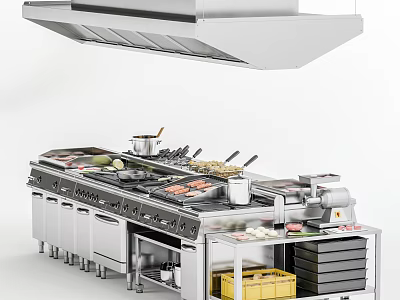 Professional Stainless Steel Kitchen Appliances With Range Hood Cooking Range And Storage Drawers 3d model
