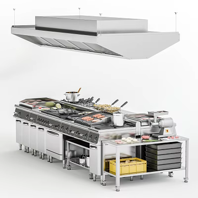 Professional Stainless Steel Kitchen Appliances With Range Hood Cooking Range And Storage Drawers 3d model