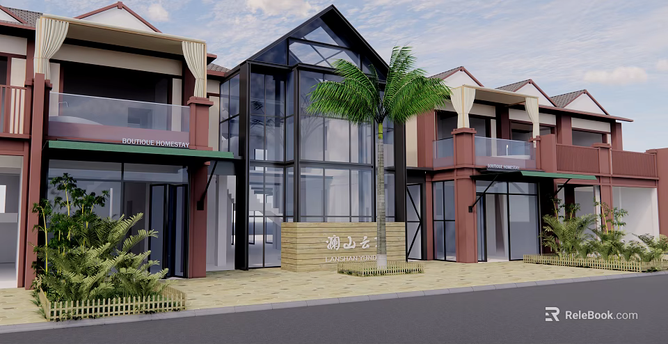 Modern Homestay Building Exterior With Glass Facade Palm Tree And Balconies 3d model 