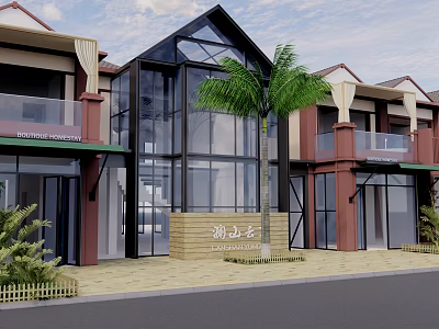 Modern Homestay Building Exterior With Glass Facade Palm Tree And Balconies 3d model