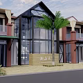 Modern Homestay Building Exterior With Glass Facade Palm Tree And Balconies