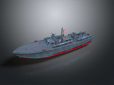 Vintage Military Ship Model With Gray Hull Red Bottom American Flag And Mounted Guns 3d model