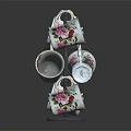 Decorative White Ceramic Mugs With Floral Patterns On Multi Tiered Metal Display Rack