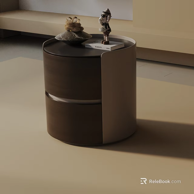Modern Round Wooden Nightstand With Two Drawers And Decorative Stones Small Figurine On Top 3d model 