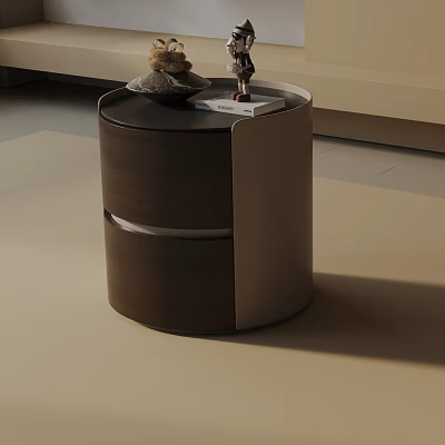 Modern Round Wooden Nightstand With Two Drawers And Decorative Stones Small Figurine On Top 3d model