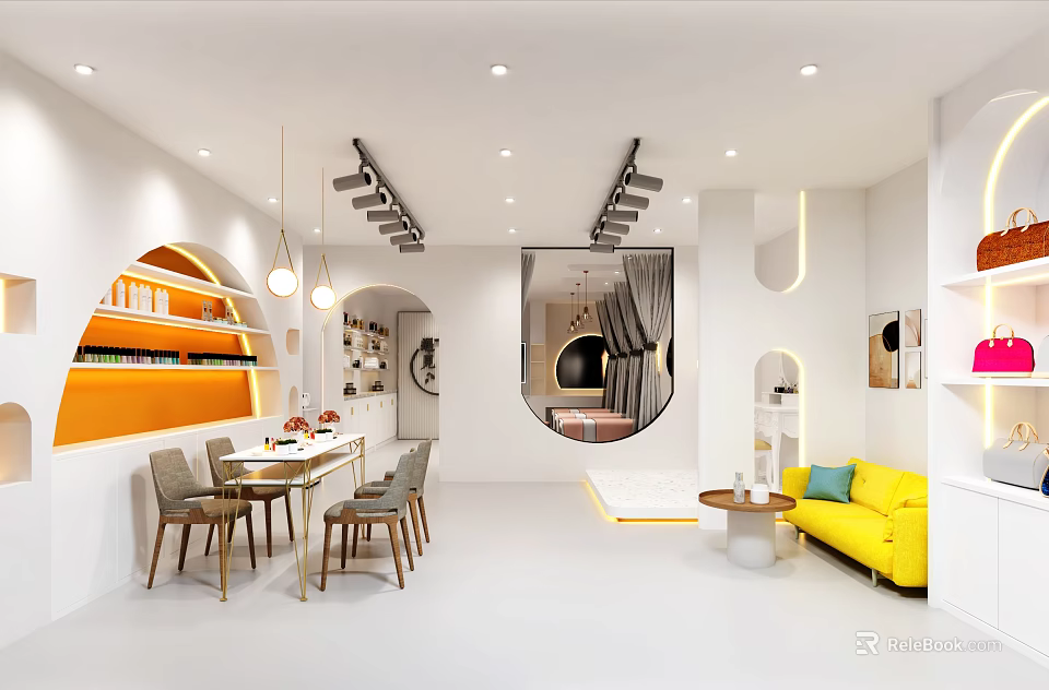 Modern Beauty Hair Salon Interior Design With Orange Shelves Round Mirror And Yellow Sofa 3d model 