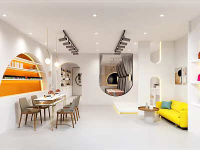 Modern Beauty Hair Salon Interior Design With Orange Shelves Round Mirror And Yellow Sofa 3d model
