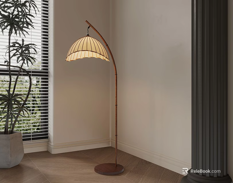 Arched Floor Lamp With Striped Lampshade By Window Side Green Plant Wooden Floor 3d model 