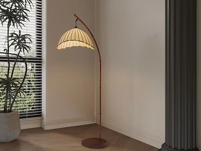 Arched Floor Lamp With Striped Lampshade By Window Side Green Plant Wooden Floor 3d model