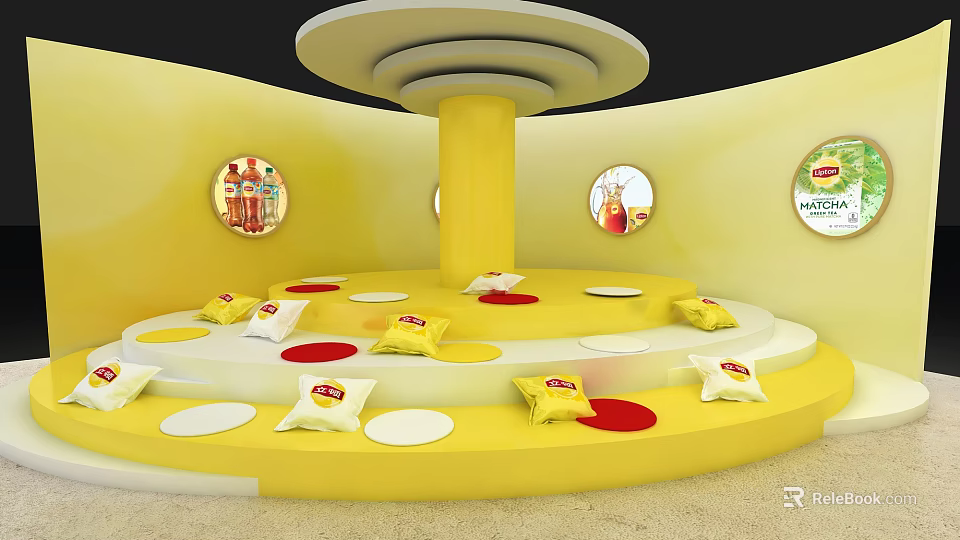 Vibrant Yellow Multi Tiered Display Stand With Product Bags And Circular Wall Decor 3d model 