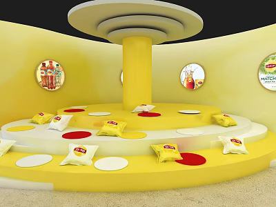 Vibrant Yellow Multi Tiered Display Stand With Product Bags And Circular Wall Decor 3d model