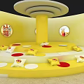 Vibrant Yellow Multi Tiered Display Stand With Product Bags And Circular Wall Decor