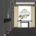 Chinese Style Foyer Passageway With Round Landscape Painting Bonsai Plant Marble Countertop And Wooden Screen