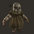 Creepy Old Doll With Tattered Green Dress Sparse Hair And Damaged Face