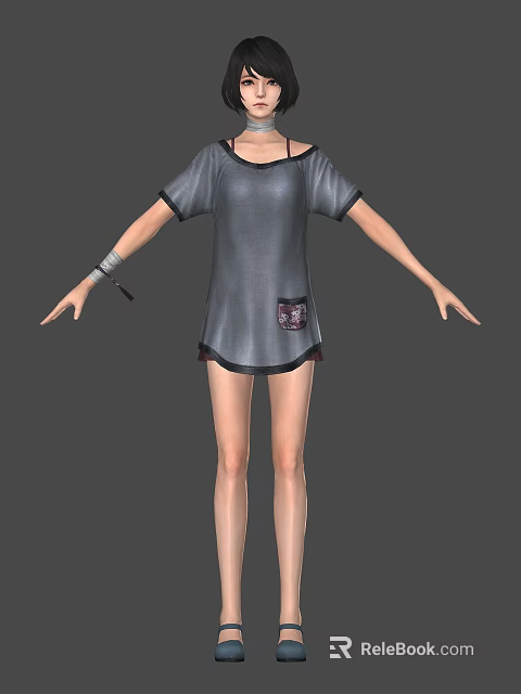 Casual Woman in Gray Short Sleeved Dress with Pocket and Armband 3d model 
