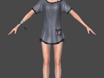 Casual Woman in Gray Short Sleeved Dress with Pocket and Armband 3d model