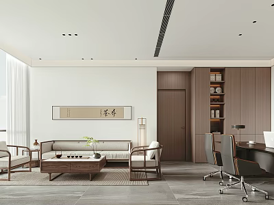 Modern Professional Office Interior With Sofa Coffee Table And Wooden Desk 3d model