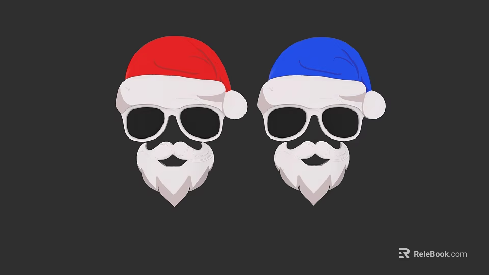 Red and Blue Santa Hats Featuring White Pom Poms Sunglasses and Beard 3d model 