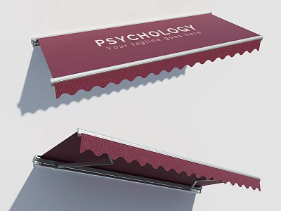 Maroon Retractable Awning with Scalloped Edge and Psychology Text for Storefront 3d model