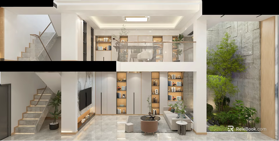 Modern Duplex Living Room Interior With Bookshelves Sofa And Plants 3d model 