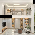 Modern Duplex Living Room Interior With Bookshelves Sofa And Plants