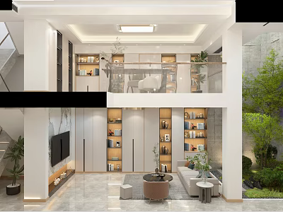 Modern Duplex Living Room Interior With Bookshelves Sofa And Plants 3d model
