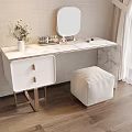 Elegant Dressing Table With Marble Top Gold Frame Round Mirror White Drawers And Upholstered Stool 3d model