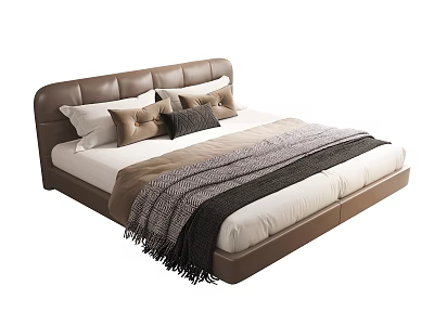 Modern Double Bed with Brown Headboard White Brown Gray Pillows and Gray Black Throw Blanket 3d model