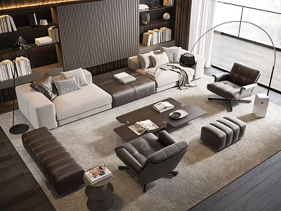 Modern Elegant Living Room With Sofa And Coffee Table Set Armchairs Rug And Bookshelves 3d model