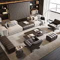 Modern Elegant Living Room With Sofa And Coffee Table Set Armchairs Rug And Bookshelves
