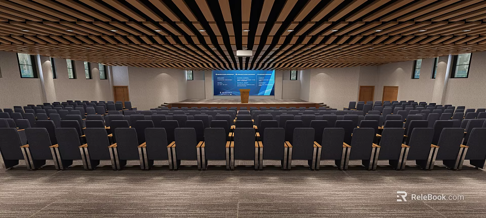 Spacious Modern Conference Room With Rows Of Seats Podium Large Screen And Wooden Ceiling 3d model 