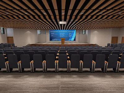 Spacious Modern Conference Room With Rows Of Seats Podium Large Screen And Wooden Ceiling 3d model