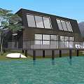 Modern Detached Villa With Wooden Exterior Large Windows Waterfront Deck Railing And Trees