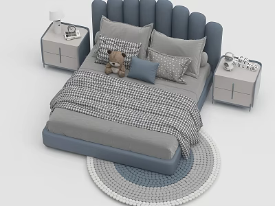 Children's Bed with Blue Upholstered Headboard Teddy Bear Plaid Blanket and Round Rug Bedside Tables 3d model