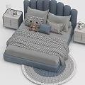 Children's Bed with Blue Upholstered Headboard Teddy Bear Plaid Blanket and Round Rug Bedside Tables