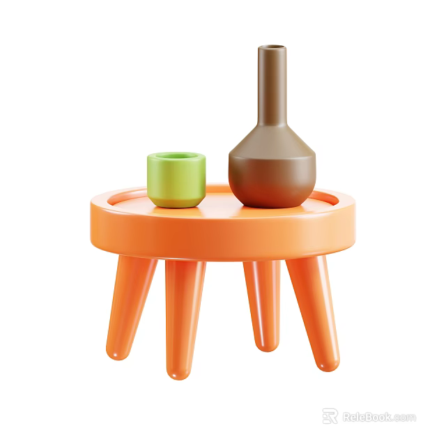 Modern Orange Round Side Table with Green Cup and Brown Vase on Top 3d model 