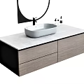 Modern Bathroom Vanity with White Sink Round Mirror Wooden Storage Cabinet and Sleek Countertop