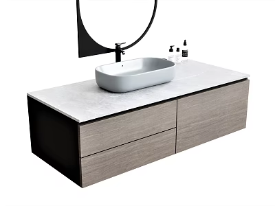 Modern Bathroom Vanity with White Sink Round Mirror Wooden Storage Cabinet and Sleek Countertop 3d model