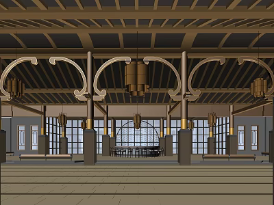 Traditional Hotel Lobby Interior Design With Arched Structures Wooden Beams Hanging Lanterns And Large Windows 3d model