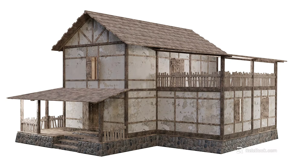 Traditional Rustic Two Story Wooden House With Balcony Fence And Stone Base 3d model 