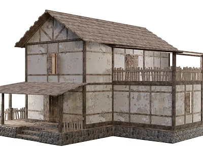 Traditional Rustic Two Story Wooden House With Balcony Fence And Stone Base 3d model
