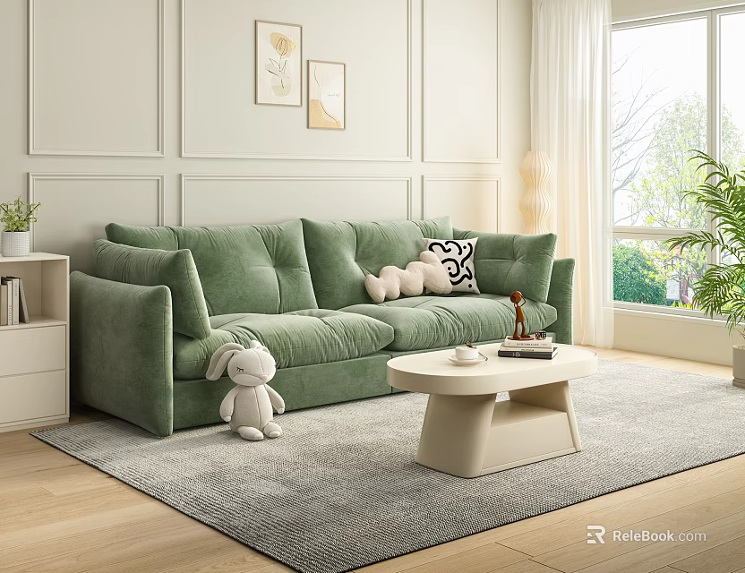 Green Sofa And White Coffee Table Set In Sunlit Room With Stuffed Toy Wall Art 3d model 