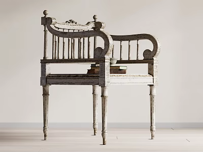 Vintage Wooden Accent Chair With Carved Backrest And Ornate Slim Legs In Minimalist Neutral Room 3d model